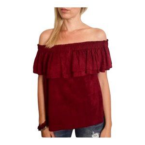 Young Fabulous & Broke XS Faux Suede Ruffle Chest Off Shoulder Top